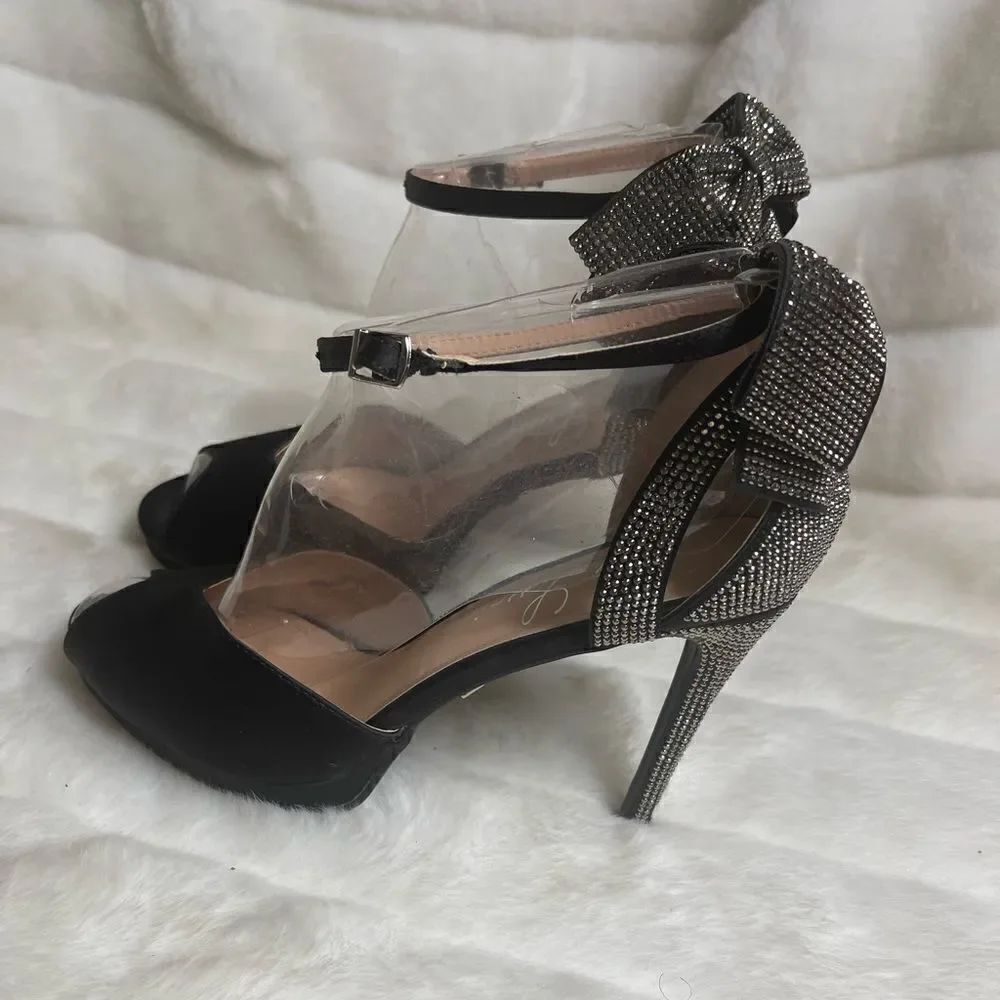 Lauren Lorraine black satin heels rhinestones embellished heels & bow SZ8.5